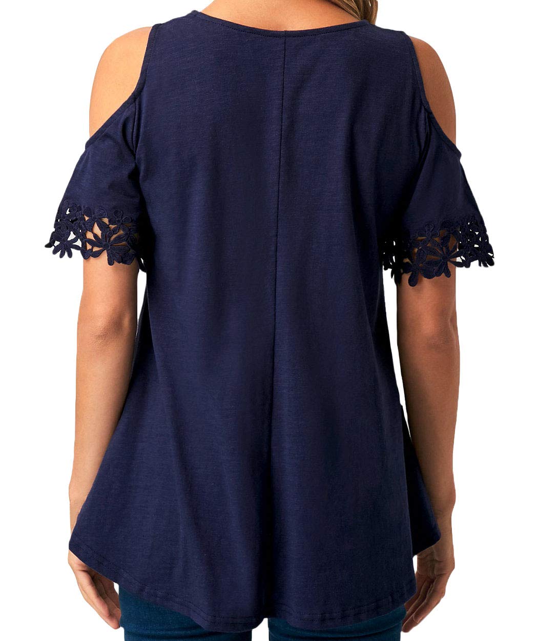 Women\'s Cold Shoulder Tops Stylish Lace Short Sleeve Tunic Loose V Neck Summer T Shirts (XL, Navy Blue)