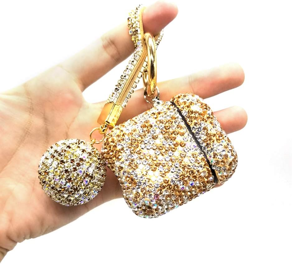 AirPods Case Cover for Woman,Girls Personality Creative Rhinestones Airpods Protective Cover with ball keychain Compatible with Apple Airpods 2&1 (gold)