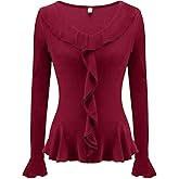 Meetjen Women's Long Sleeve Tops Slim Fit Wrap V Neck Ruffle 2026 Spring Trendy Casual Going Out Shirt Tee Blouses
