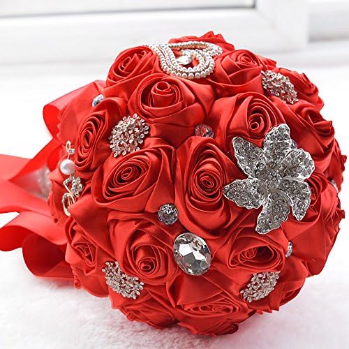 Rinzony Bridal Bouquets Handmade Rhinestones Satin Rose Wedding Flowers (Red)