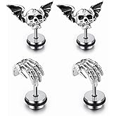 4PCS Skull Ghost Head Skeleton Claw Bat Earring Flat Back Screw On Cool Ear Lobe Studs Cartilage Helix Piercing Set Women Men 16G Post