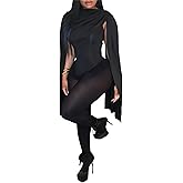 Women's Sexy 2 Piece Outfits Ruched Crowl Neck Cape Sleeve Thong Bodysuit Top Sheer Stockings Club Jumpsuits