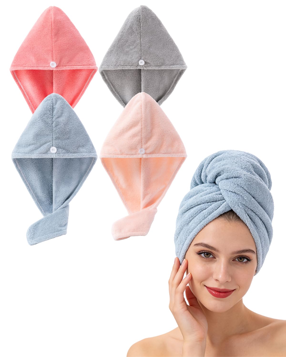Lumimi Bath Pre Dry Hair Towel 4-Piece Set Quick Dry Extra Absorbent Lightweight Turban with Button Hair Drying Wrap Bathroom Girl Friend Family Mom Gift