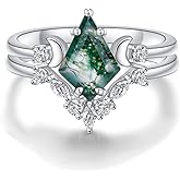 SHAOAN 925 Sterling Silver Natural Moss Agate Ring Set for Women Moon & Kite Cut Engagement Ring Mother’s Day Anniversary Valentine's Day Gift