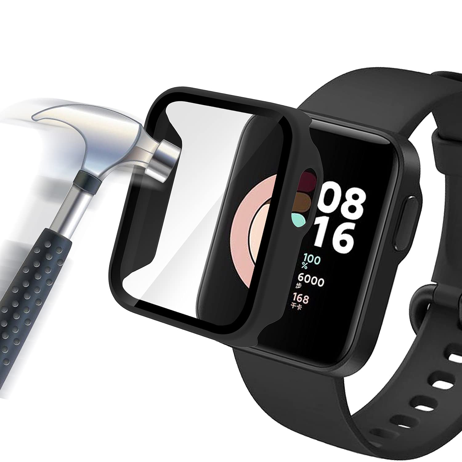 Acadeny Case With Tempered Glass Screen Protector Compatible for Xiaomi Mi Watch Lite, 9H Hardness 360 ° All-round Protective Cover Ultra-thin Protective PC Case Cover for, Black