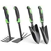 Clevabie 4-Piece Garden Tool Set, Heavy Duty Gardening Hand Tools with Soft Rubber Handle,Green,Premium Stailess Steel,Include Hand Shovel,Transplant Trowel,Hand Rakes, 2-in-1 Hoe and Cultivator