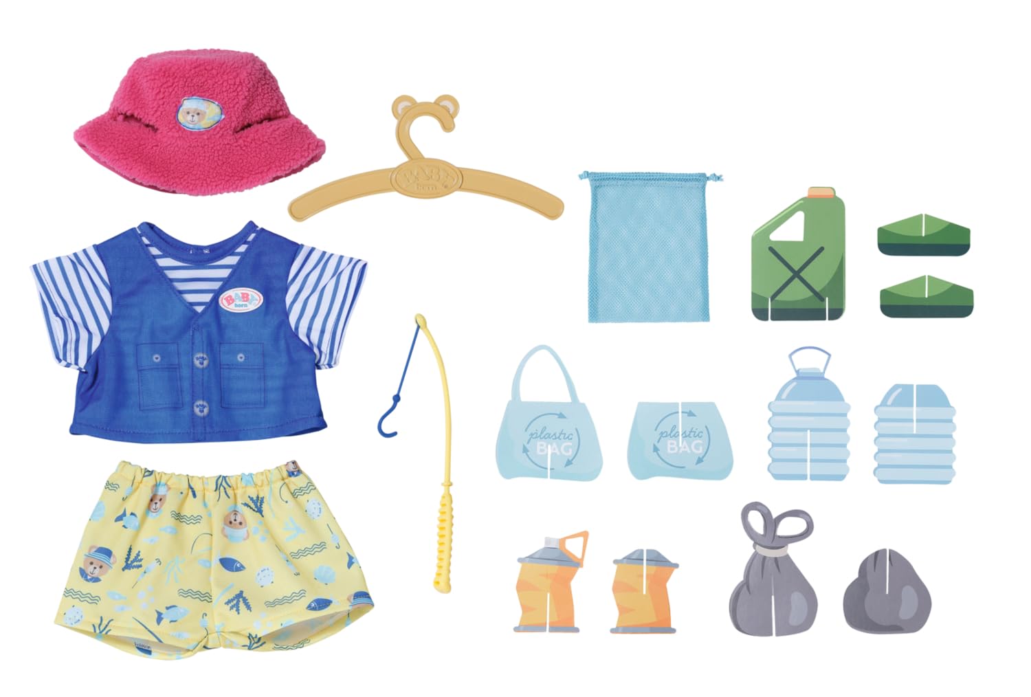 BABY Born Bear Fisherman Outfit 835982 - Outfit with 2-in-1 Top, Bear Print Shorts, and Pink Fluffy Hat for 43cm Dolls - Fishing Rod, Rubbish Items, Hanger - Suitable for Children from 1 Years Old