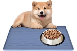 CINEZUN Silicone Pet Feeding Mat for Dogs & Cats, 16" x 10" Waterproof Non-Slip Dog Bowl Mat with High Raised Edge to Prevent Spills, Easy Clean Pet Food Mat for Floors, Lake Blue