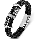 RGEMCY Mens Double Row Braided Leather Wristband Stainless Steel Beaded Double Layer Leather Cord Wristband Bangle Viking Bracelet Gift for Men
