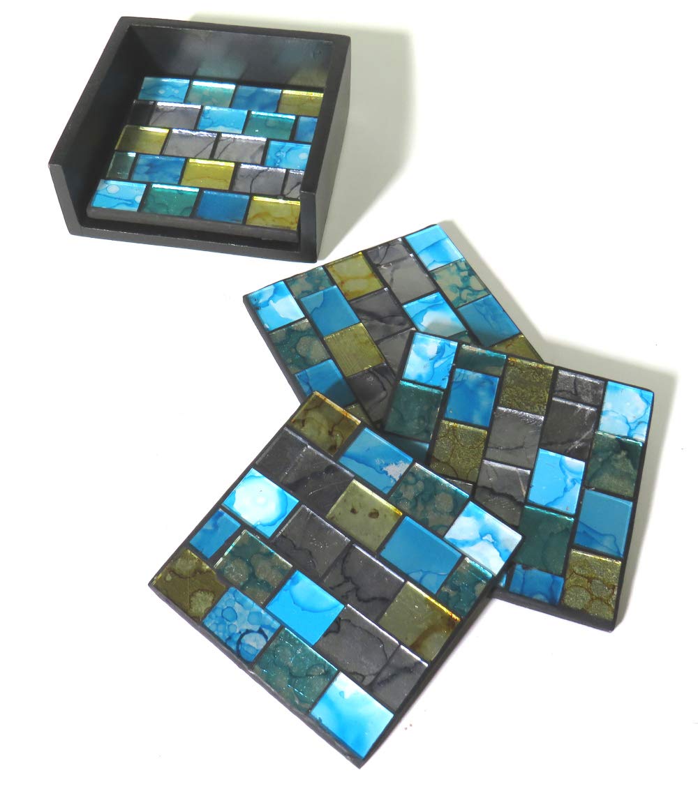 Purity Style Blue and Gold Mosaic Set of 4 Square Coasters