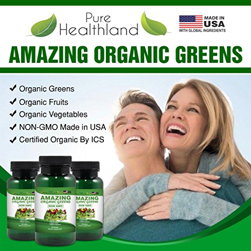 Non-GMO Amazing Organic Greens Superfood Supplement Tablets - 29 Organic Fruits & Vegetables for Dietary Health - Made in USA - Thumbnail 3