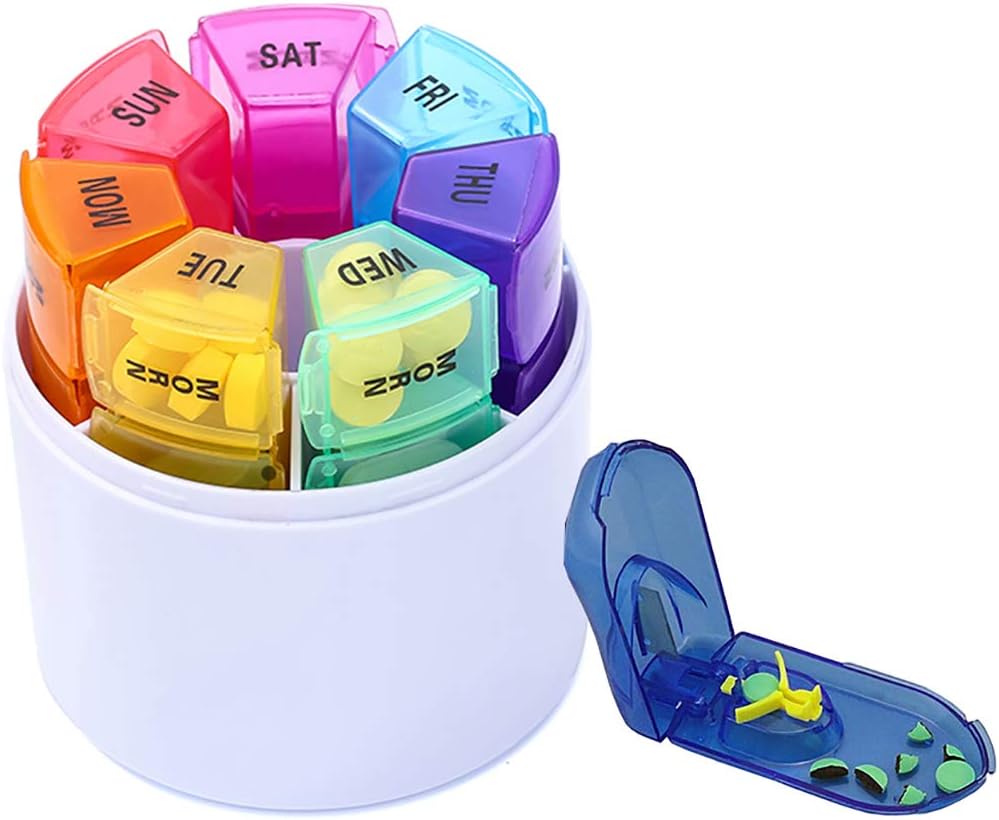Fambasis 7 Days Pill Box Portable Weekly Pills Organiser Dispenser Mediplanner with Pills Splitter Cutter Medication Reminder for Morn Noon Eve Bed BPA Free