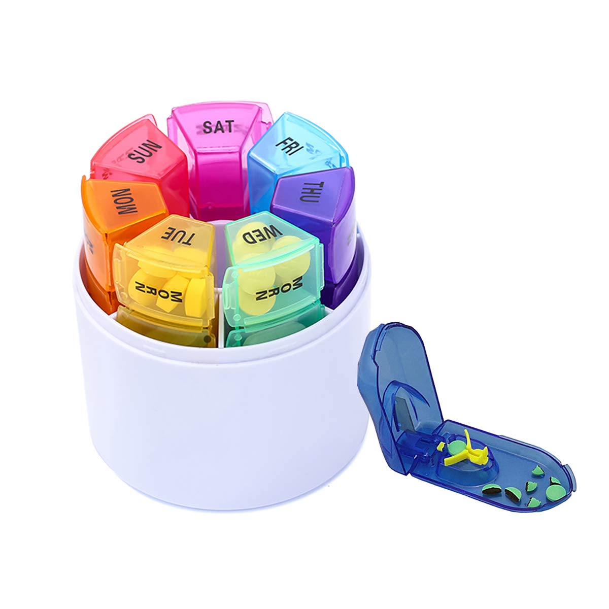 Fambasis 7 Days Pill Box Portable Weekly Pills Organiser Dispenser Mediplanner with Pills Splitter Cutter Medication Reminder for Morn Noon Eve Bed BPA Free