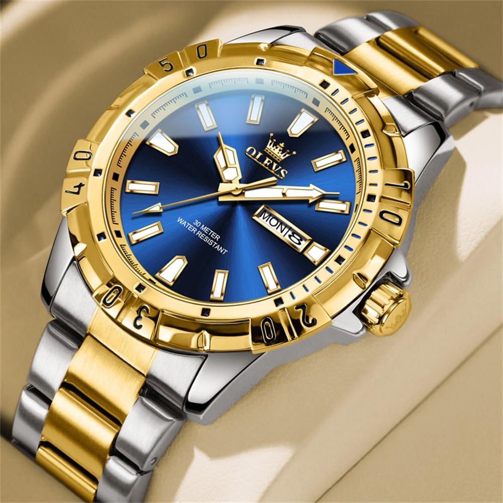 OLEVS Blue Watches for Men Dress Gold Big Face Mens Watches Classic Waterproof Analog Quartz Mens Wrist Watch Fashion Stainless Steel Date Date Luxury Reloj para Hombre