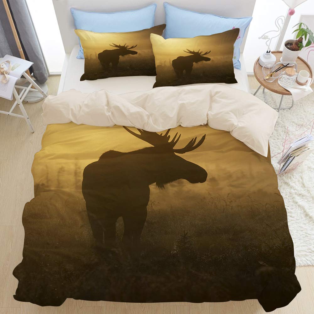 Mokale Alaska Animal Antler Autumn Battle Bull Moose Canada Deer Dew Dominant Fall Fog Golden Light 3 Pieces Queen Duvet Cover Set With 2 Pillow Shams,Decor Cover Sets Twin Dorm Hotel,Reversible Beige
