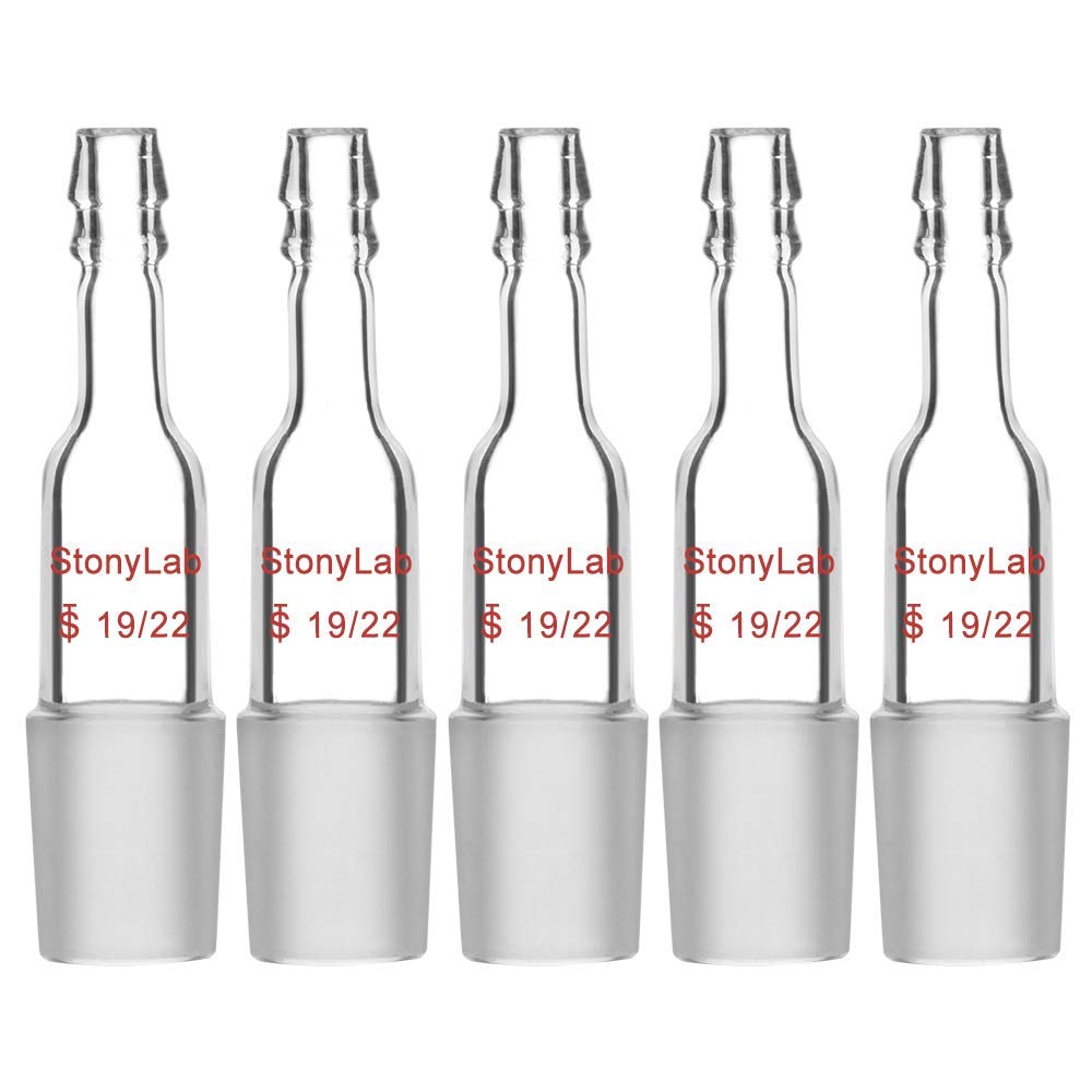 StonyLab Glass Straight Inlet Adapter With 19/22 Male Glass Joint and 10mm Hose Connection Lab Glassware, 5 Packs