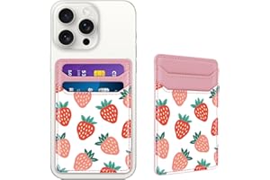 Yiyahu Self Adhesive Card Holders for Back of Phone, Leather RFID Phone Wallet Pockets Stick On, Credit Card Holders Sleeve for Phone Case, Strawberry