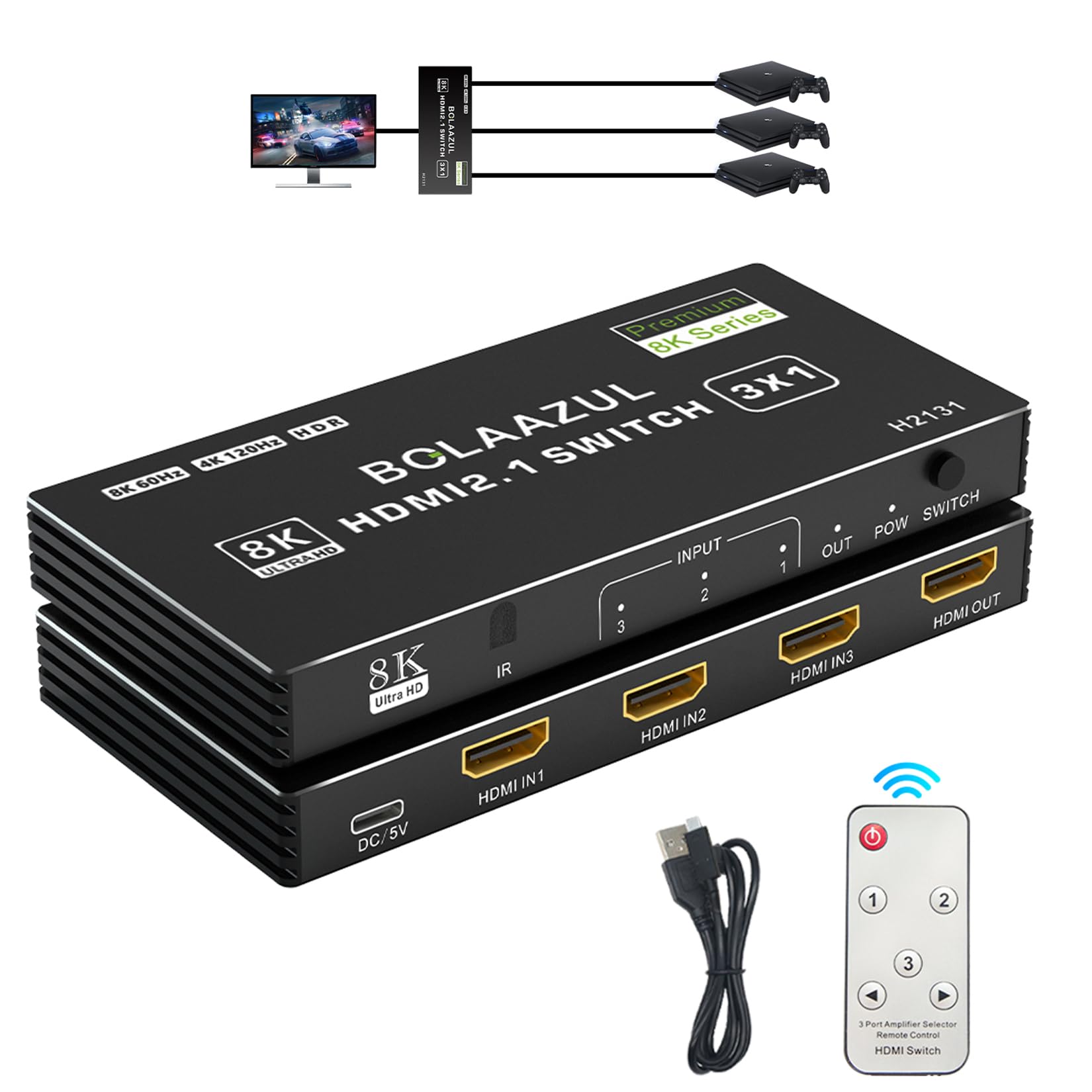 Photo 1 of BolAAzuL 4K HDMI 2.1 Switch 120Hz 3 in 1 Out, 8K@60Hz HDMI 2.1 Splitter Switcher Selector Box 3-Port with Remote 4K 120Hz 2K 144Hz, HDMI Port Expander 3x1 HDR, 48Gbps, CEC, for Xbox Series X PS5