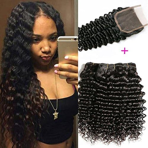 Jaycee Hair Peruvian Virgin Hair 3 Bundles with Closure Unprocessed 100% Human Hair Weave with Lace Closure Free Part Peruvian deep Wave(18 20 22+16 free part lace closure)