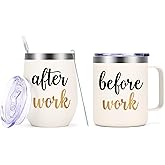 Gtmileo Before Work After Work Mug and Wine Glass, Christmas Boss Day Office Work Gifts for Coworkers Employees Women Boss Lady Manger Leader Friends,12oz Insulated Coffee Mug Wine Tumbler Set(Beige