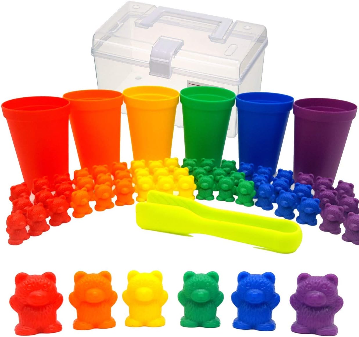 KABOOCHY Rainbow Counting Bears with Matching Sorting Cups and Storage Container 68pc Set. Quality Colorful Toy Counters for Kids to Learn Mathematics Games, STEM, Montessori Matching Game