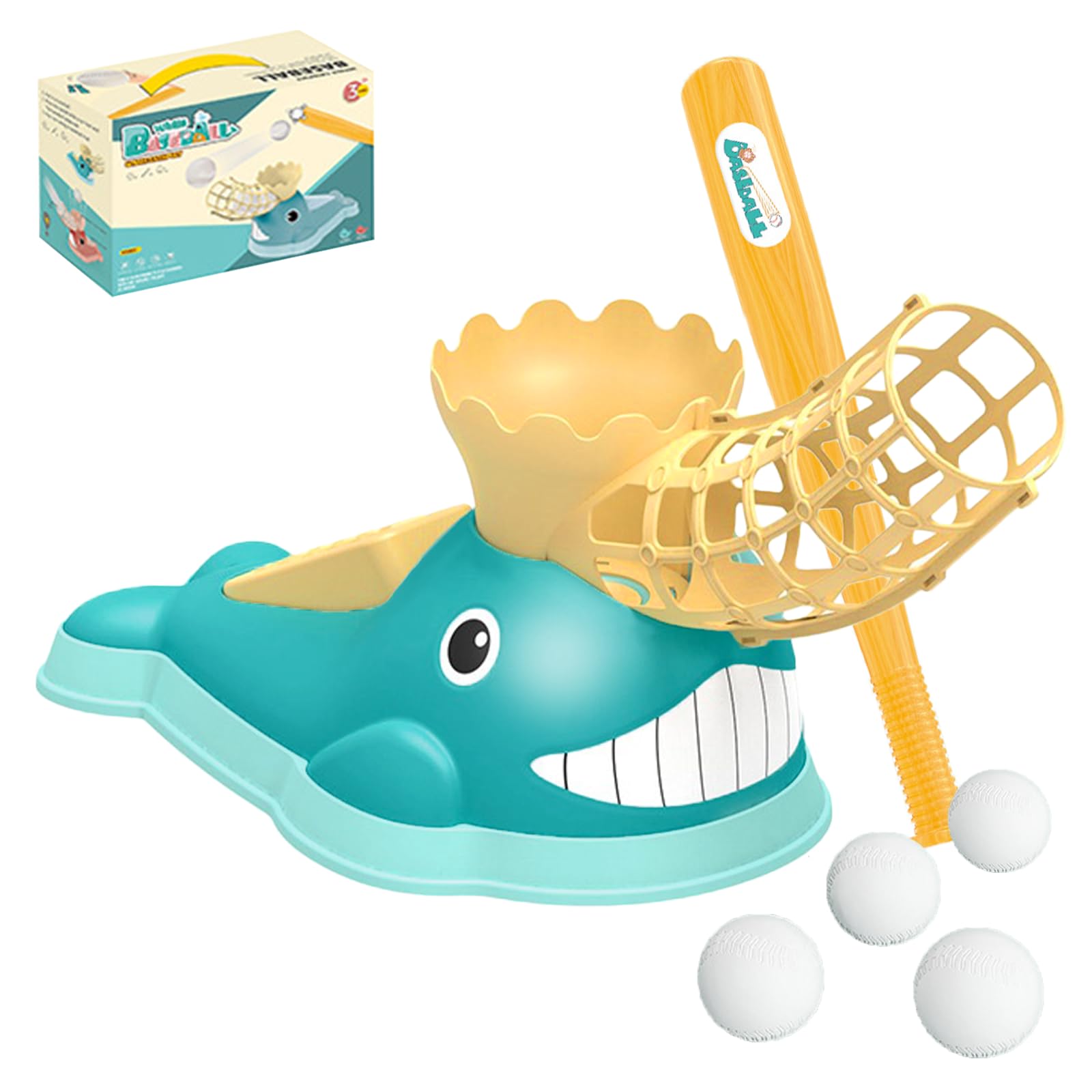 Rensinnoal Kids Baseball Launcher & Pitching Machine with 4 Baseballs, Outdoor Ball Game Toys Gifts for Ages 3-12 Blue