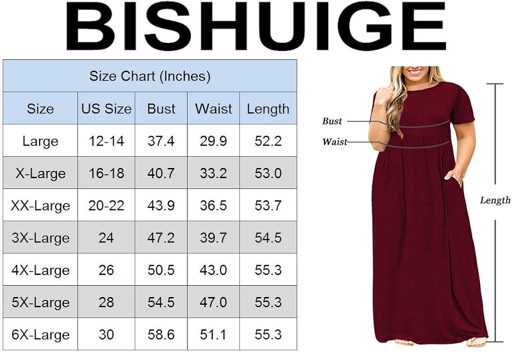BISHUIGE Women Summer L-6X Plus Size Maxi Dress Long Dresses with Pockets at  Women’s Clothing store