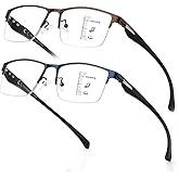 SKYOAK 2 Pack Mens Premium Progressive Multifocus Reading Glasses, TR90 Temples Blue Light Blocking Anti UV/Eye Strain Computer Readers No-Line Half Frame Multifocal Eyeglasses, Blue and Brown 3.0x