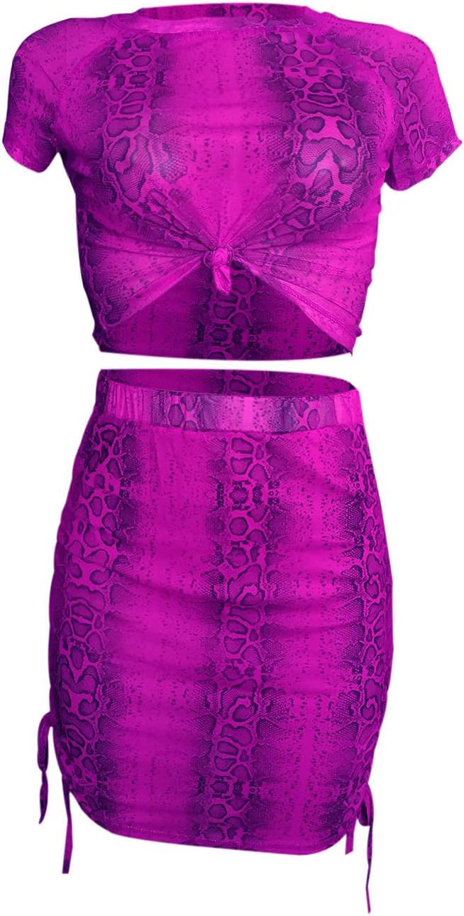 Women Snakeskin Mesh Cover Up Crop Top Lace Up Skirt Set 2 Piece Dress