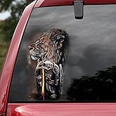 Premium Jesus Car Decal – Lion of Judah with Fighter Warrior Design – Durable & Waterproof Christian Vinyl Sticker for Car, Truck, Window, Laptop, Bumper – 8.87 x 5.86 Inches