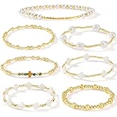 Dainty Cross Clover Gold Beaded Pearl Bracelet Stack for Women,Handmade Boho Gold Plated Beads Stretch Stackable Bracelets Fashion Birthday Prom Jewelry Accessories Gift Friendship