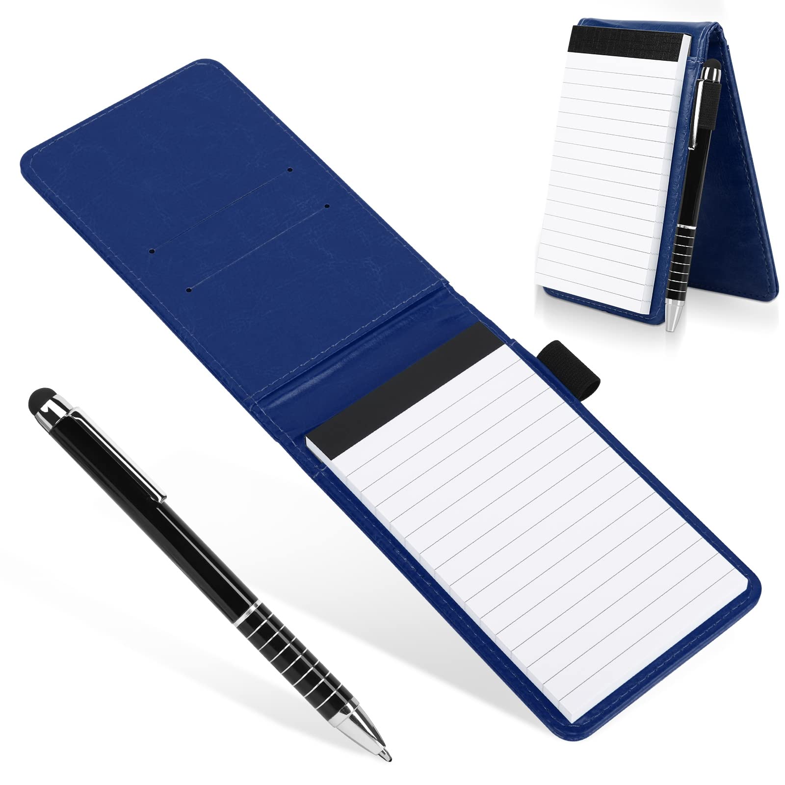 Cyiecw PU Leather Journal Mini Notebook Working Small Notepad with Pen Pad Holder Set Multifunctional A7 Soft Cover Notebook for Office Working, Study (Deep blue)