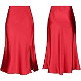 Mist Azur Women Silky Satin Side Split Skirt High Waist Elastic Elegant A Line Midi Skirts for Women