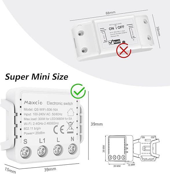 Interruptor WiFi 2 Vas Maxcio Conmutador de Luz WiFi Control de App y Voz Mini Enchufe Inteligente WiFi con Temporizador Compatible con Alexa y Google Home Se Necesita Neutro