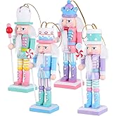 Amosfun 4pcs Wooden Nutcrackers Ornaments - 12cm Tall Soldier Nutcracker Figurines Pastel Nutcracker Tree Hanging Ornament