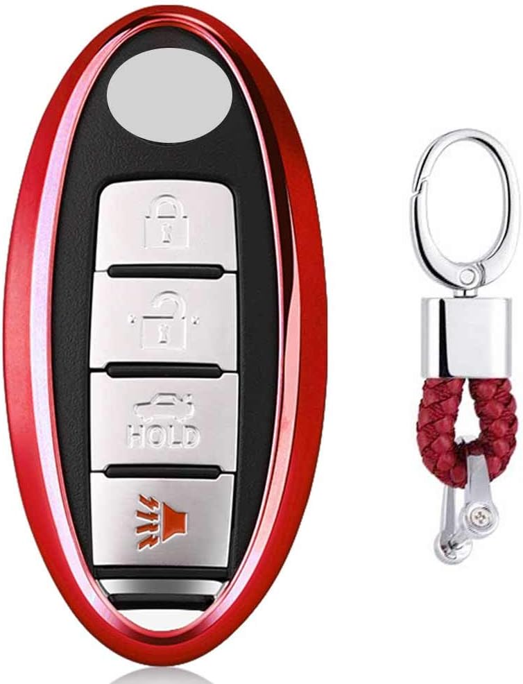 Red Premium Soft TPU Car Key Case Shell Cover with Key Chain for Nissan Altima Maxima Armada Murano Rogue Sedan Pathfinder 3/4/5 Buttons Infiniti