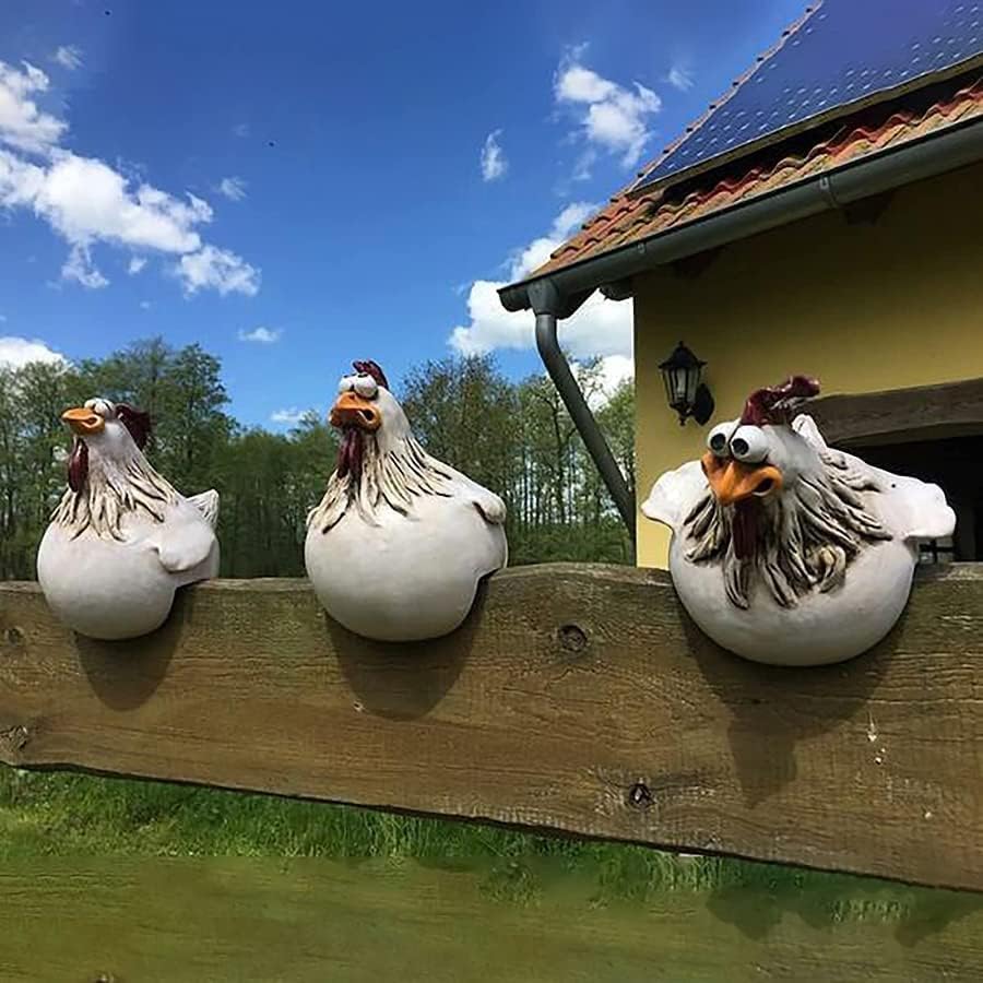 COJJ-3 PCS Funny Face Chicken Fence Ornament, 14CM Resin Craft Chicken Figurine Statue, Rooster Farm Yard Art Sculptures Decor, Garden Ornaments Outdoor for Backyard Patio(3 Pack)
