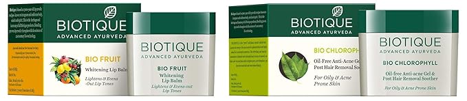 Biotique Bio Fruit Whitening Lip Balm, 12g & Bio Chlorophyll Oil Free Anti-Acne Gel & Post Hair Removal Soother For Oily & Acne Prone Sk Combo