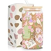 kdxpbpz Pink Flower Bookish Iced Coffee Cup, Tea and Book Glass Tumbler, 16 oz Cottagecore Aesthetic Coffee Glass Cup with Lid Straw, Cute Gifts for Women Teen Girls Sister Reader Bookish Book Lovers