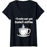 Womens Linux Sudo Apt-Get Install Coffee Linux V-Neck T-Shirt