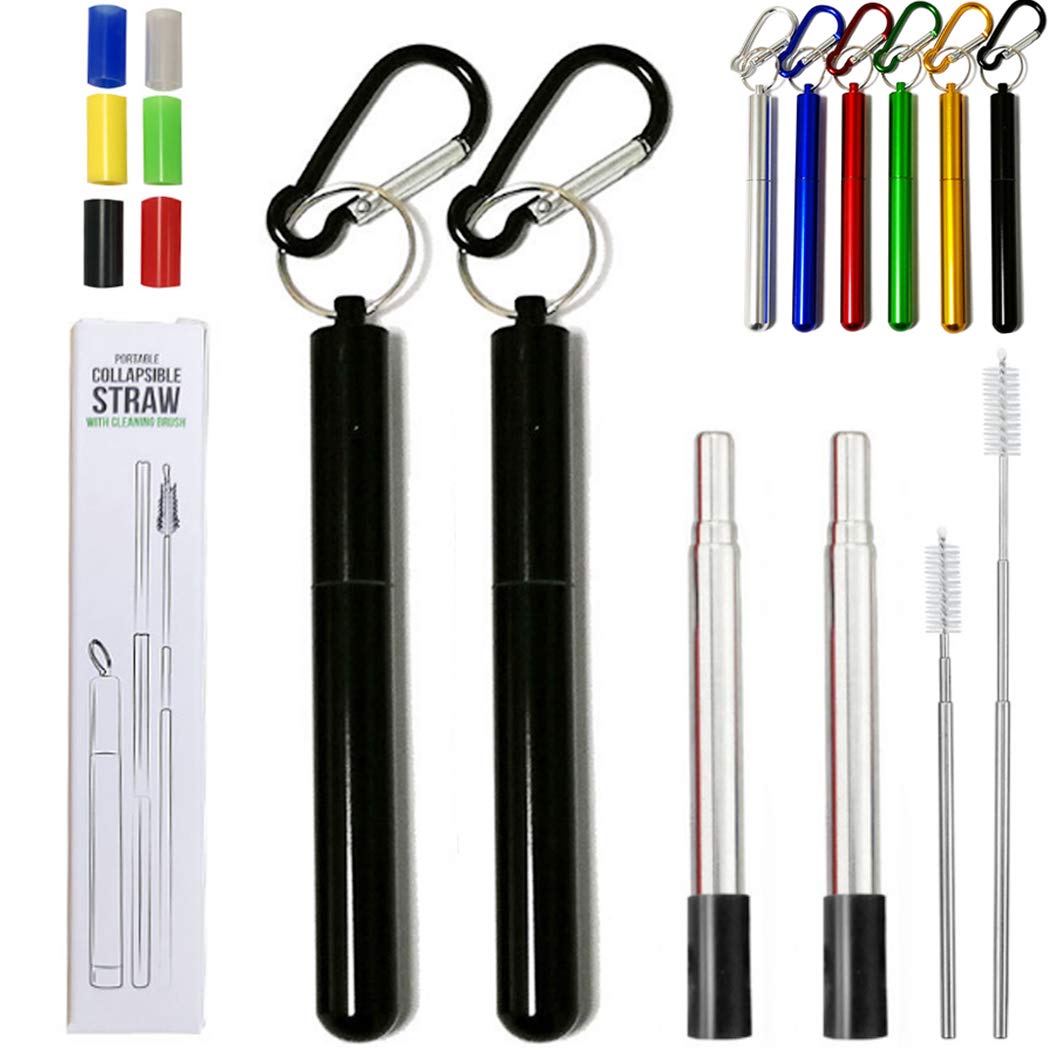Hoshen 2 PCS Reusable Folding Metal Straws, Portable Telescopic Straws, Including Brushes and Silicone Heads (with Shell) - Black
