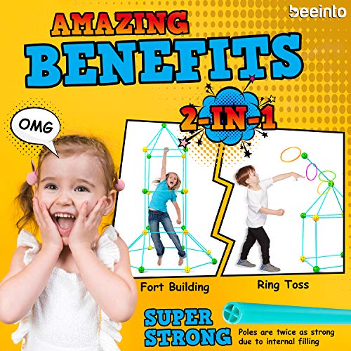 beeinto Kids Fort Construction Building Kit - 58 Poles, 32 Balls, 5 Toss Rings, Nylon Bag, Instructions - Outdoor STEM Toys for Boys, Indoor Play Tents Builder, Parent-Child Quality Time - Ages 5+
