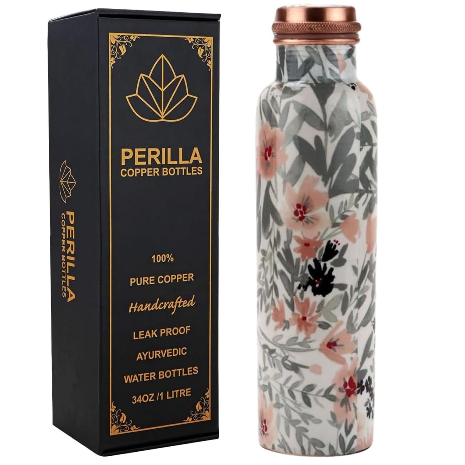 Perilla Home Printed Copper Water Bottle Leak Proof 100% Pure - an Ayurvedic Copper Vessel - Drink More Water and Enjoy The Health Benefits Immediately/Yoga Bottle (Grey)