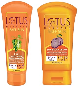 Lotus Herbals Safe Sun 3-In-1 Matte Look Daily Sunblock SPF-40, 50g & Herbals Safe Sun Block Cream SPF 30, 100g Combo