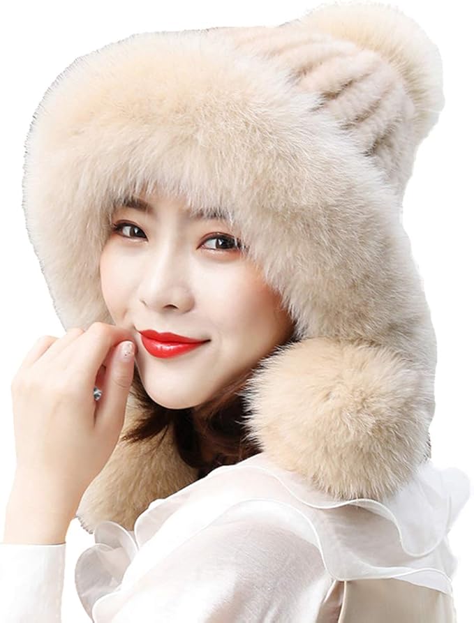 Winter Fur Hat Genuine Mink Fur Hat and Fox Fur Trim Pompom Ski Cap
