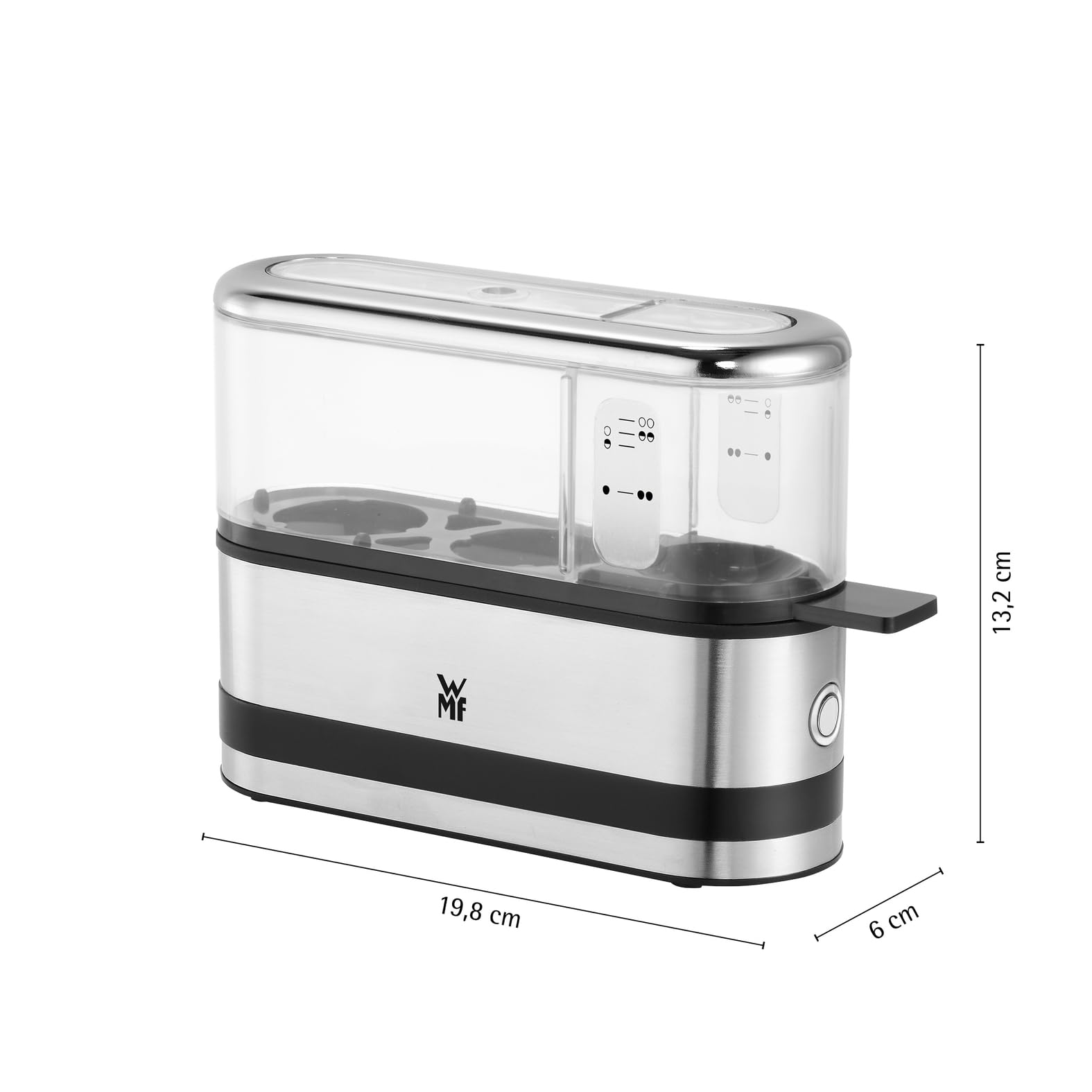 WMF Küchenminis Eierkocher aus Cromargan, kocht 1–2 Eier optimal weich, mittel oder hart, einfache Einstellung für optimal Ergebnisse, 250 W, Messbecher, Eipick, platzsparendes Design 8