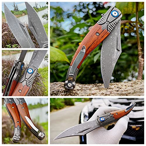 MINOWE Folding pocket Knife 3.9" Damascus Steel Blade with metal pocket