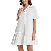 YEXPINE Women's Cotton Linen Ruffle Mini Dress Short Sleeve Button Down Drop Waist Tunic Shirt Dress