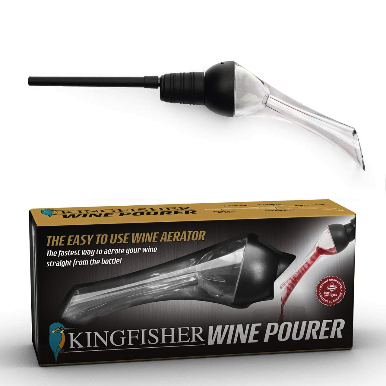 Bar Amigos ® Kingfisher Aerator Pourer Wine Aeration Spout Bottle Pouring Taste Enhancer Gadget - Fits To Your Bottle of red of white With Ease - Perfect Drinking Gift