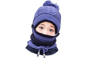 GREUS 3 in 1 Winter Knitted Beanie Hat Mouth Neck Warmer Set for Girls Boys Kids, Warm Fleece Lined Ski Caps with Pompom